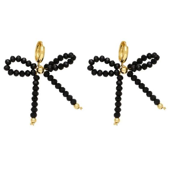 A260-C • Beaded Bow Earrings in Black – 18K Gold Stainless Steel - Picture 2 of 4